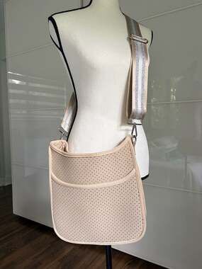 Ah-Dorned Perforated Neoprene Classic Messenger Bag with Metallic Striped Strap